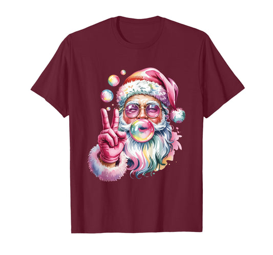 Rainbow Santa Bl0wing Bubble Gum Christmas Peace Sign Hand T-Shirt