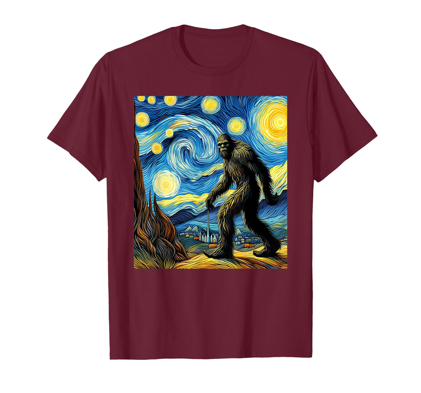 Funny Bigfoot Starry Night Sasquatch Van Gogh Sky Painting T-Shirt