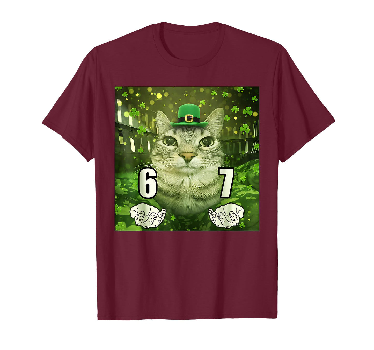 Funny Six Seven Cat St Patrick Day Leprechaun Hat 67 Meme T-Shirt