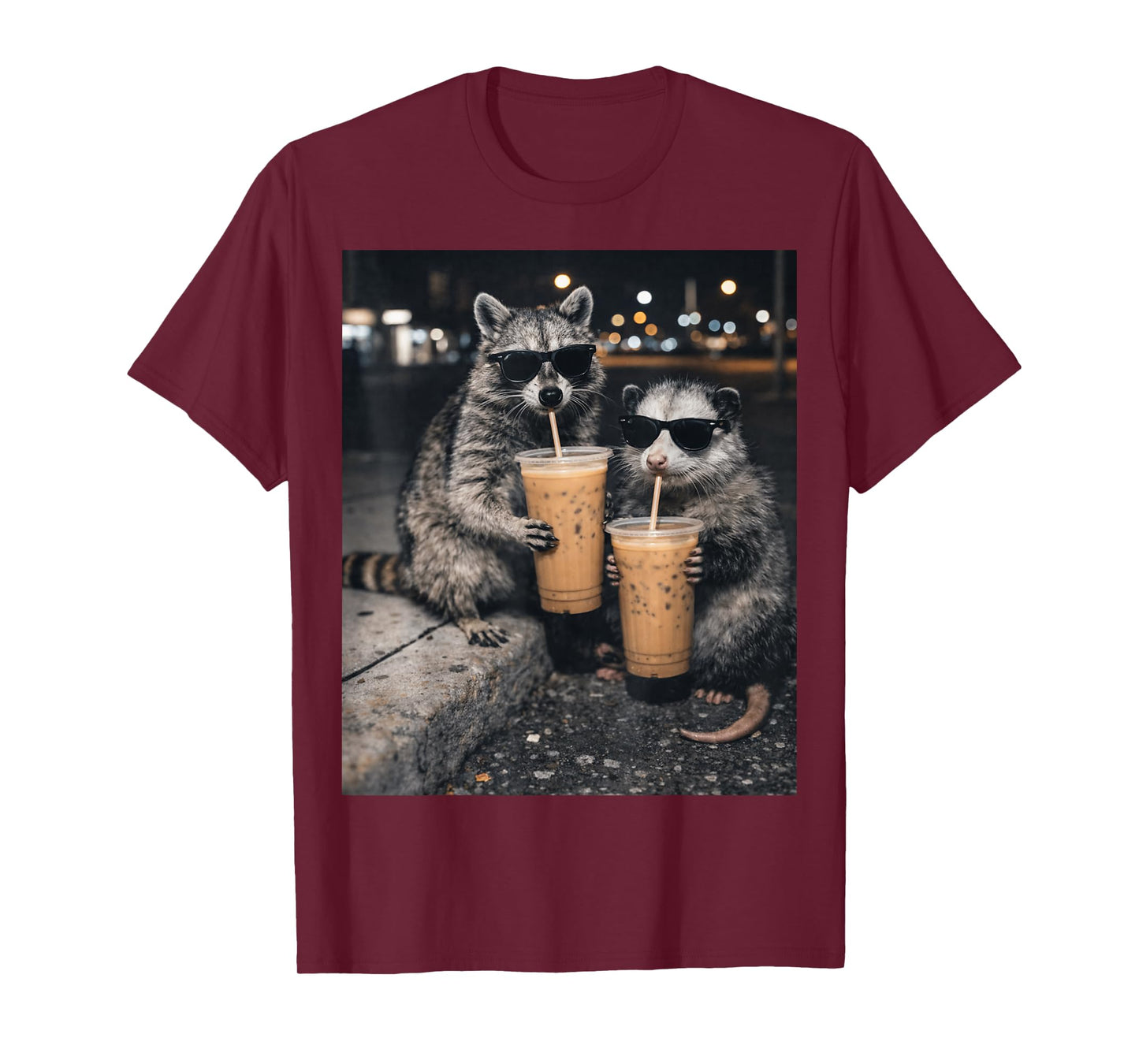 Funny Raccoon and Opossum Drinking Iced Coffee. Cute Animal T-Shirt
