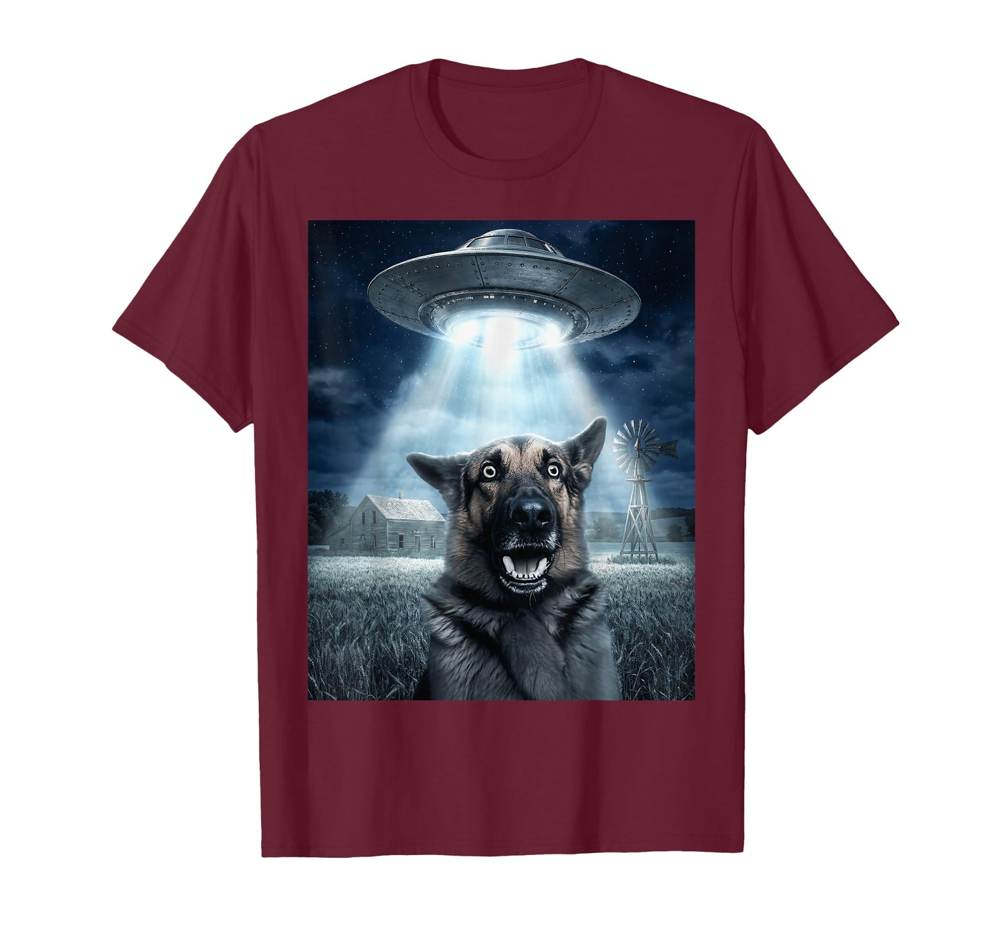 Scared German Shepherd Alien Beam UFO Farm Night T-Shirt