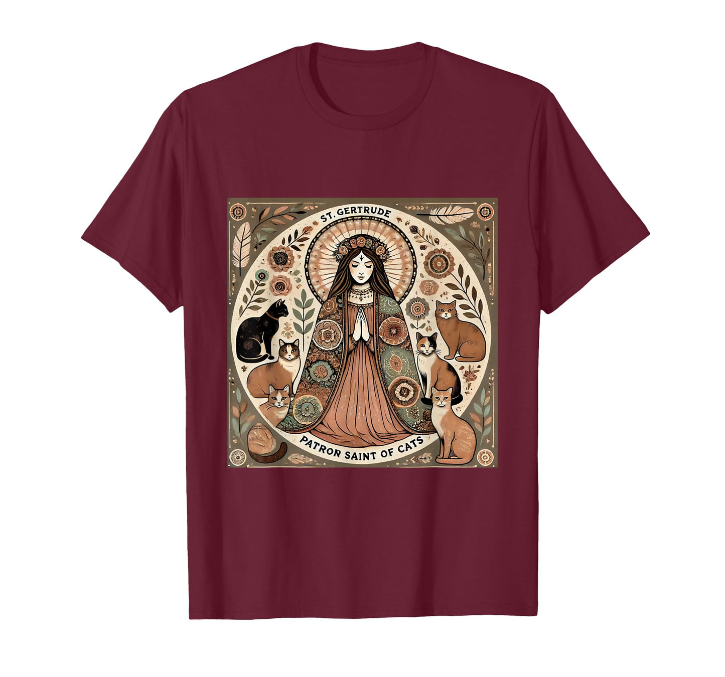 Saint Gertrude Patron St of Cats Folk Art T-Shirt