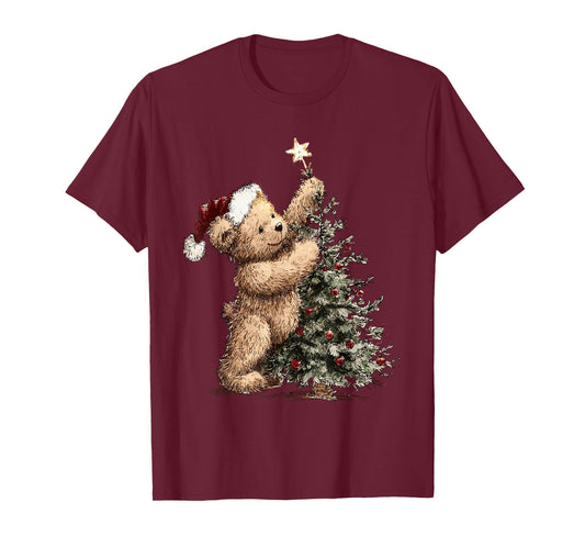 Cute Vintage Christmas Tree and Teddy Bear Santa Holiday T-Shirt