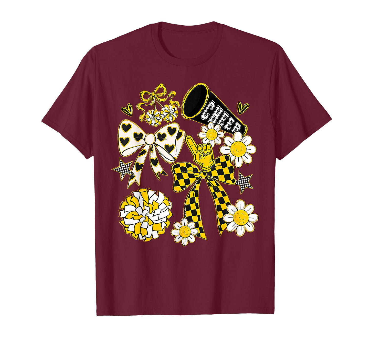 Coquette Bow Football Gold Black Game Cheer Mom Touchdown T-Shirt