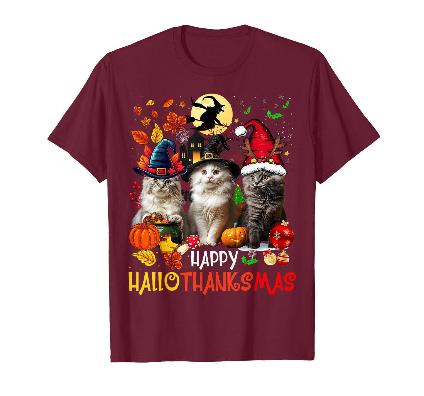 Halloween Thanksgiving Christmas Happy HalloThanksMas Cats T-Shirt