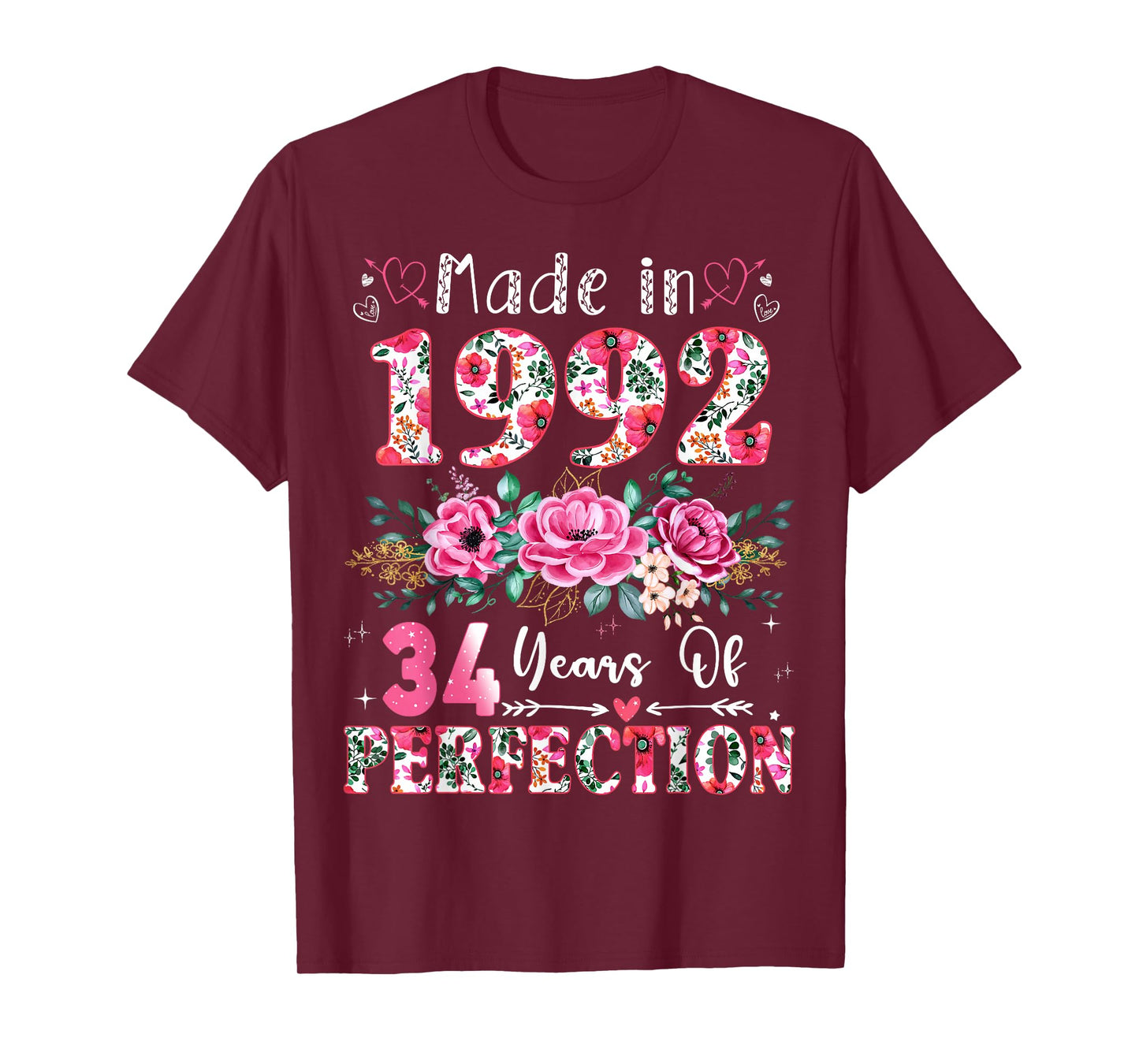 34 Year Old Made in 1992 Floral 34th Birthday Women T-Shirt