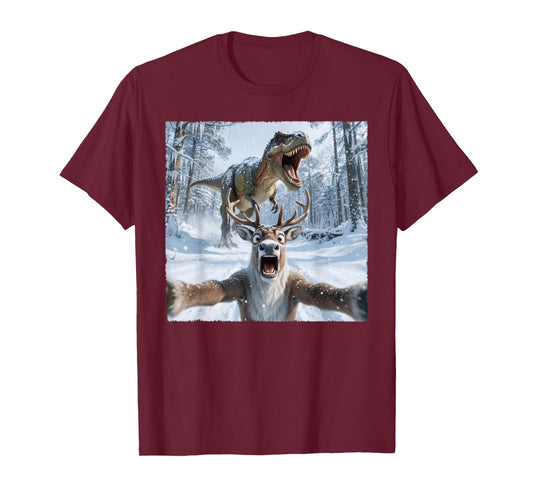 Funny Reindeer Selfie with T-Rex Dinosaur Christmas T-Shirt