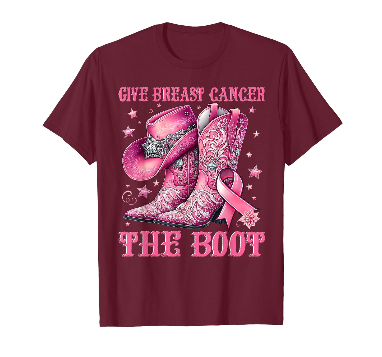 Give Breast Cancer The Boot Cowgirl Western Pink Ribbon T-Shirt