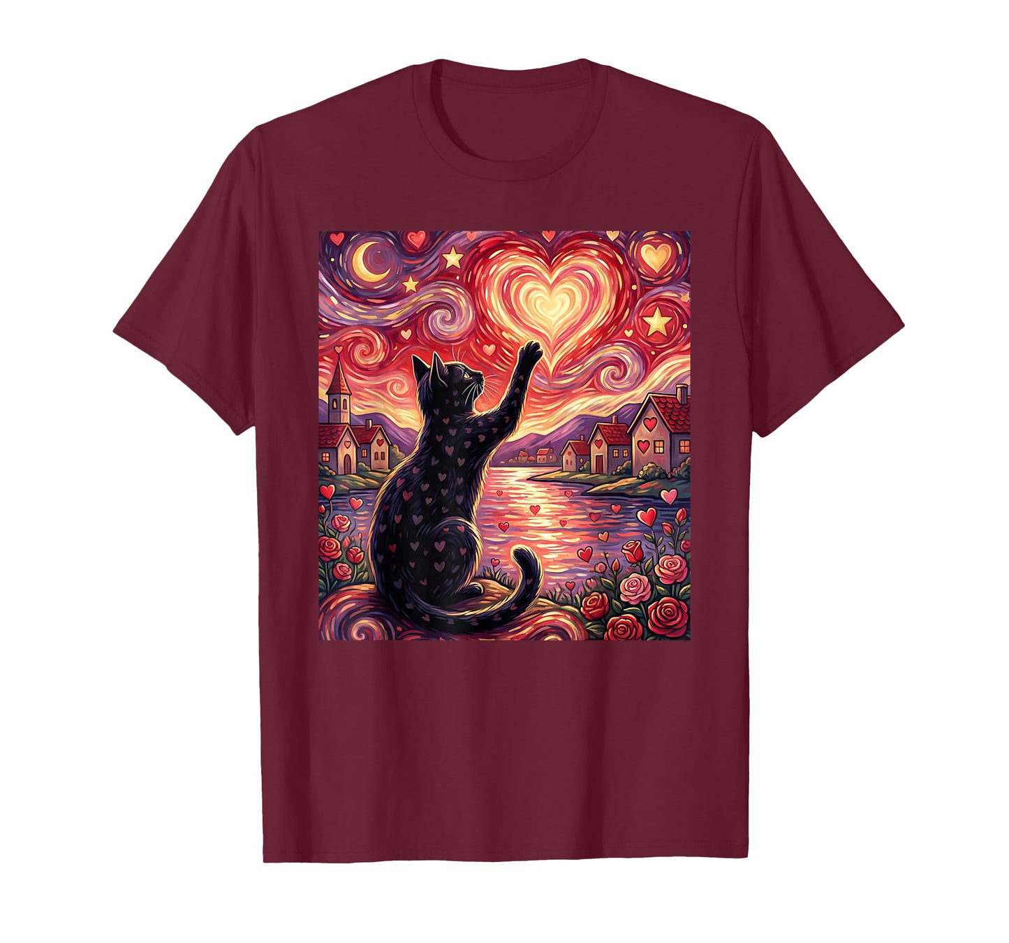 Starry Nights Cat Valentine Love-Hearts Roses Van-Gogh T-Shirt