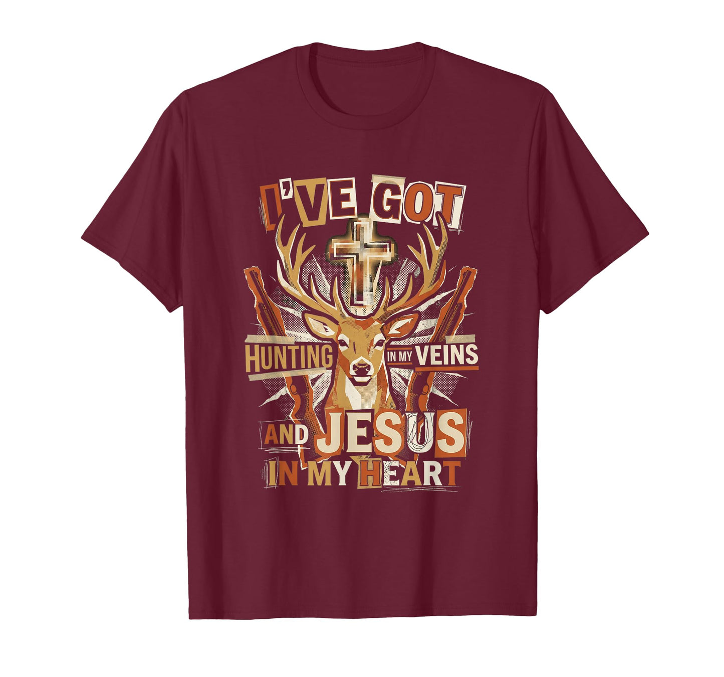 Hunting in My Veins Jesus in Heart Christian Deer Hunter T-Shirt