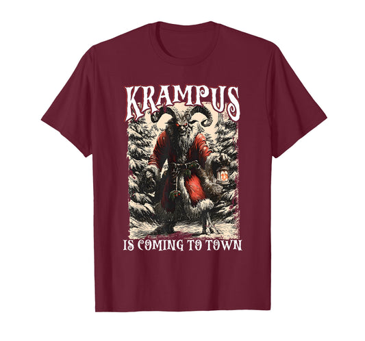 Retro Creepmas Krampus is Coming to Town Dark Humor Xmas T-Shirt