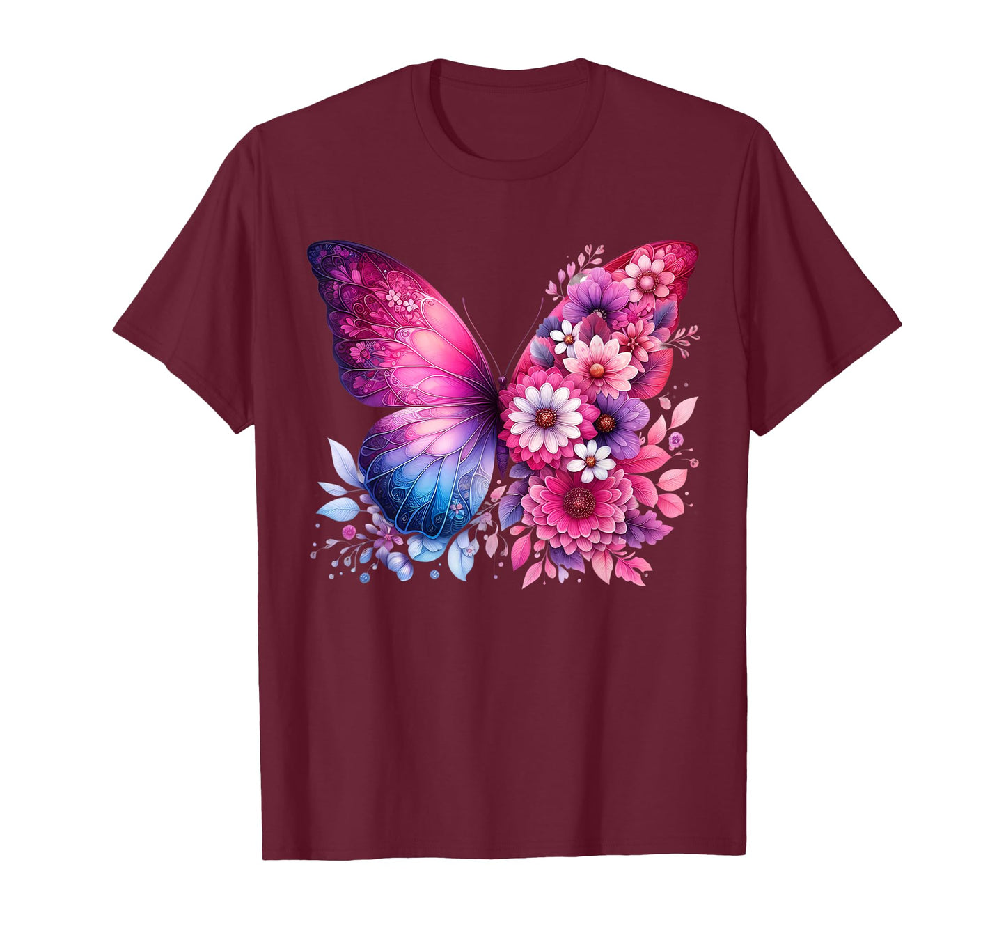 Butterfly On Pink & Purple Colored Flowers Butterfly Lover T-Shirt