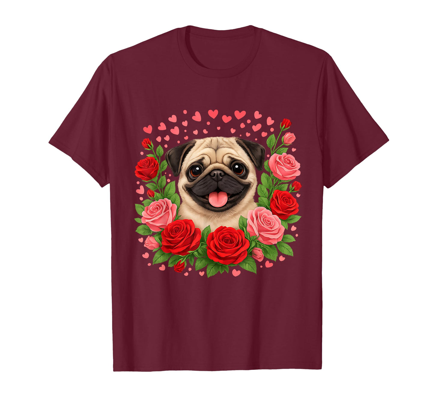 Cute Valentine Pug with Roses and Hearts T-Shirt