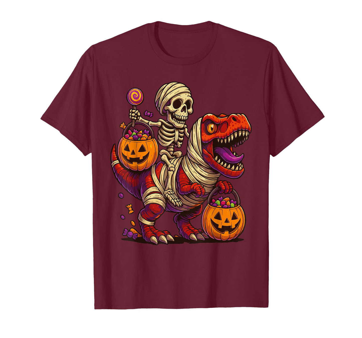 Skeleton Riding Mummy Dinosaur T rex Halloween Funny Pumpkin T-Shirt