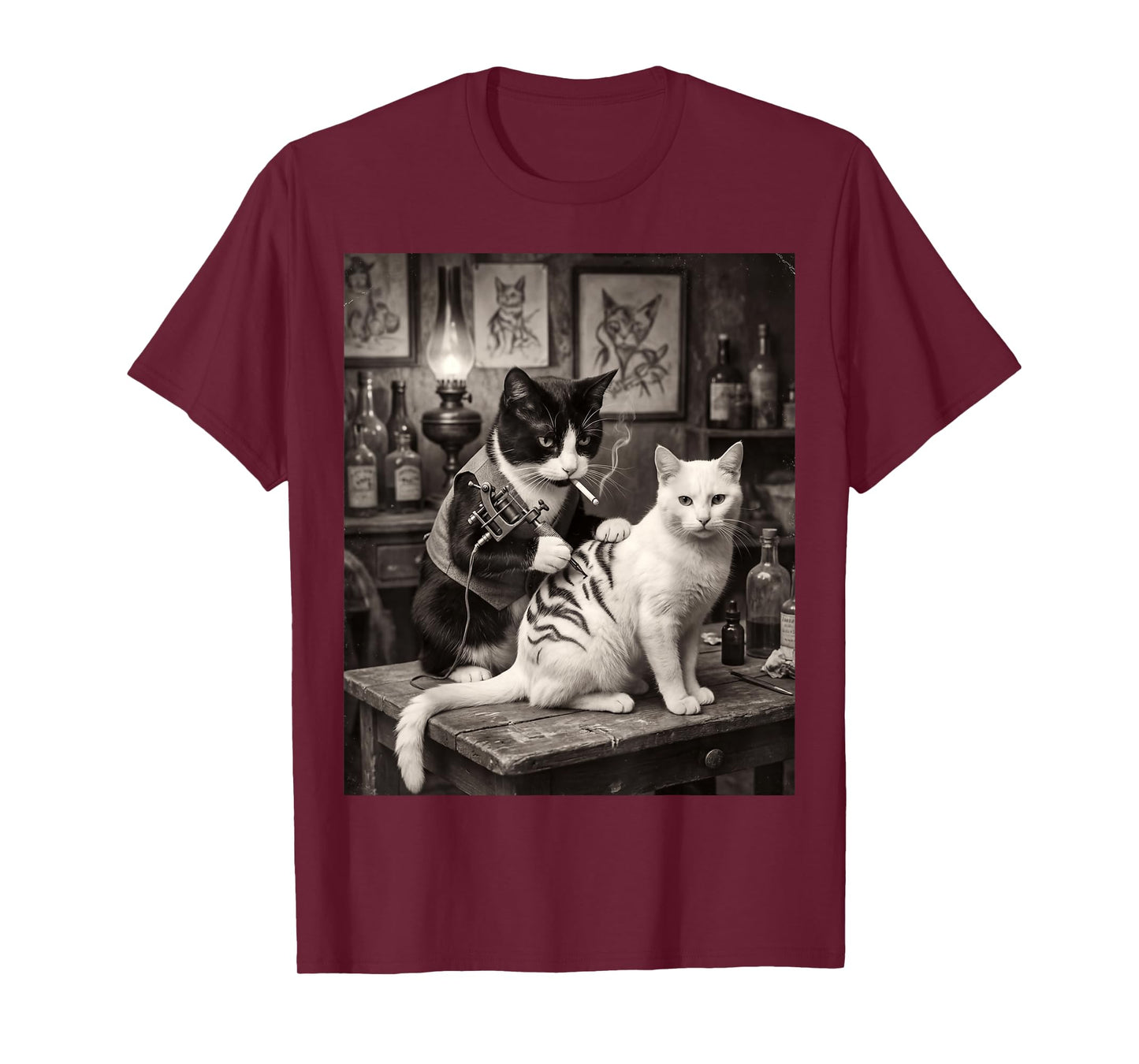 Cat Smoking Tattoo Vintage Inked Kitty Artist Funny Meme T-Shirt