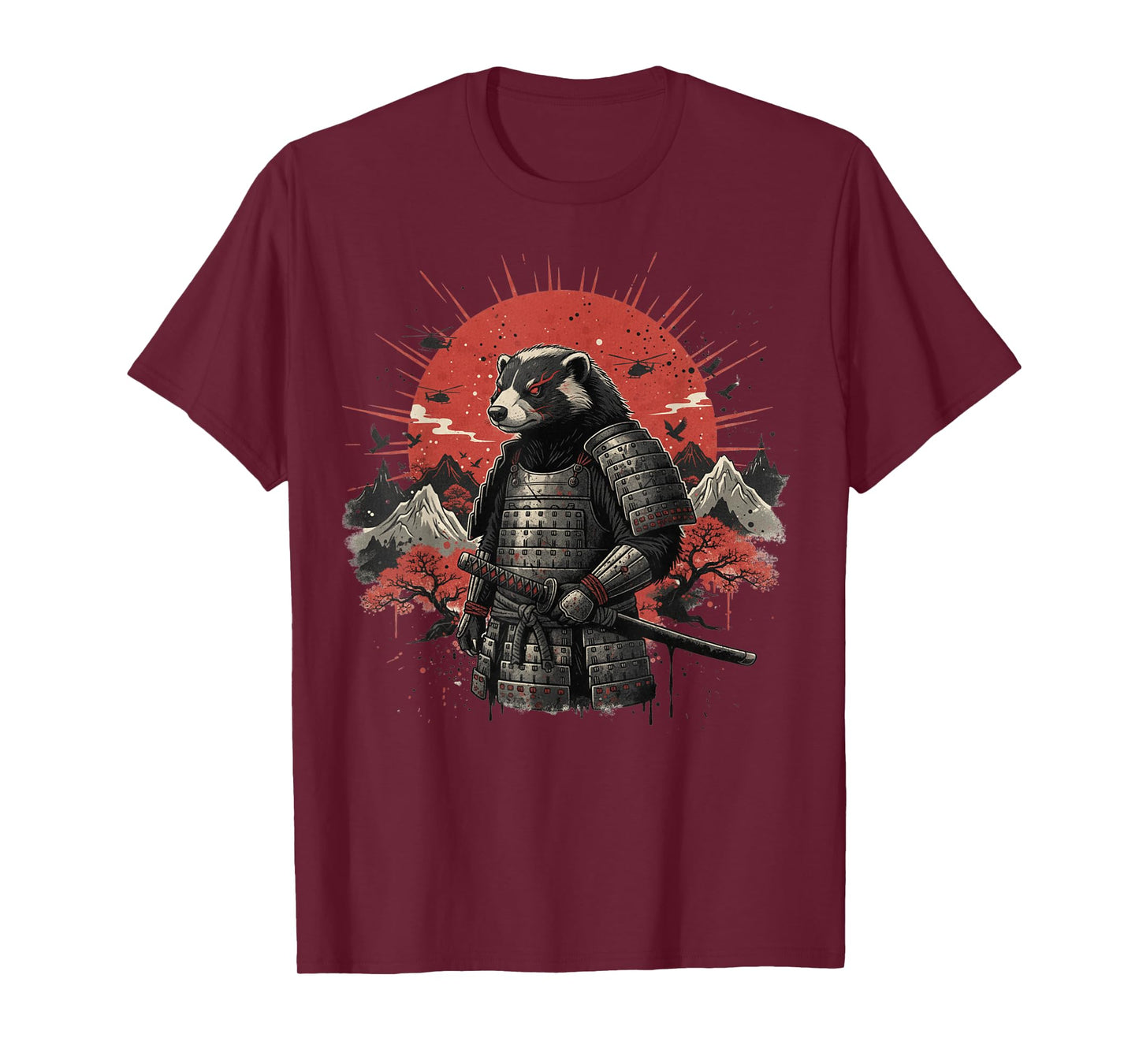 Cool Samurai Honey Badger Warrior Japanese Sunset Graphic T-Shirt