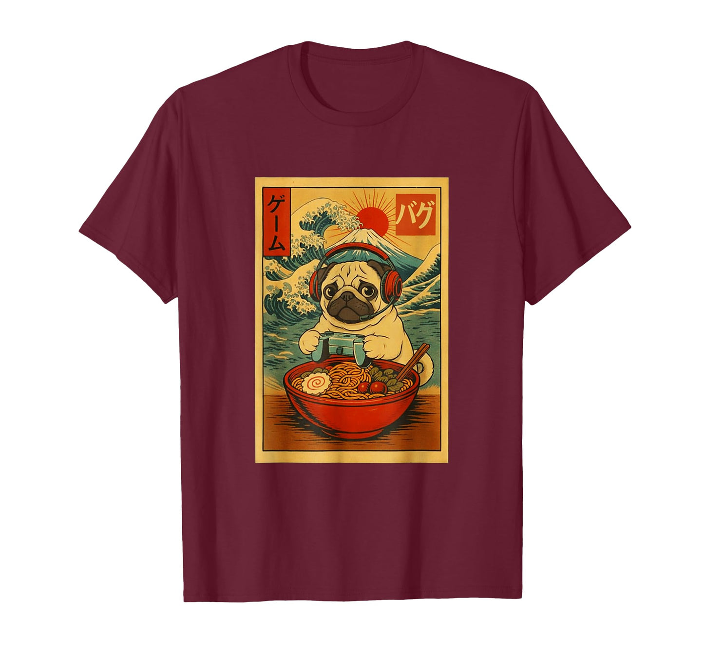 Pug Dog Gaming Ramen Japanese Ukiyo-e Great Wave Retro Art T-Shirt