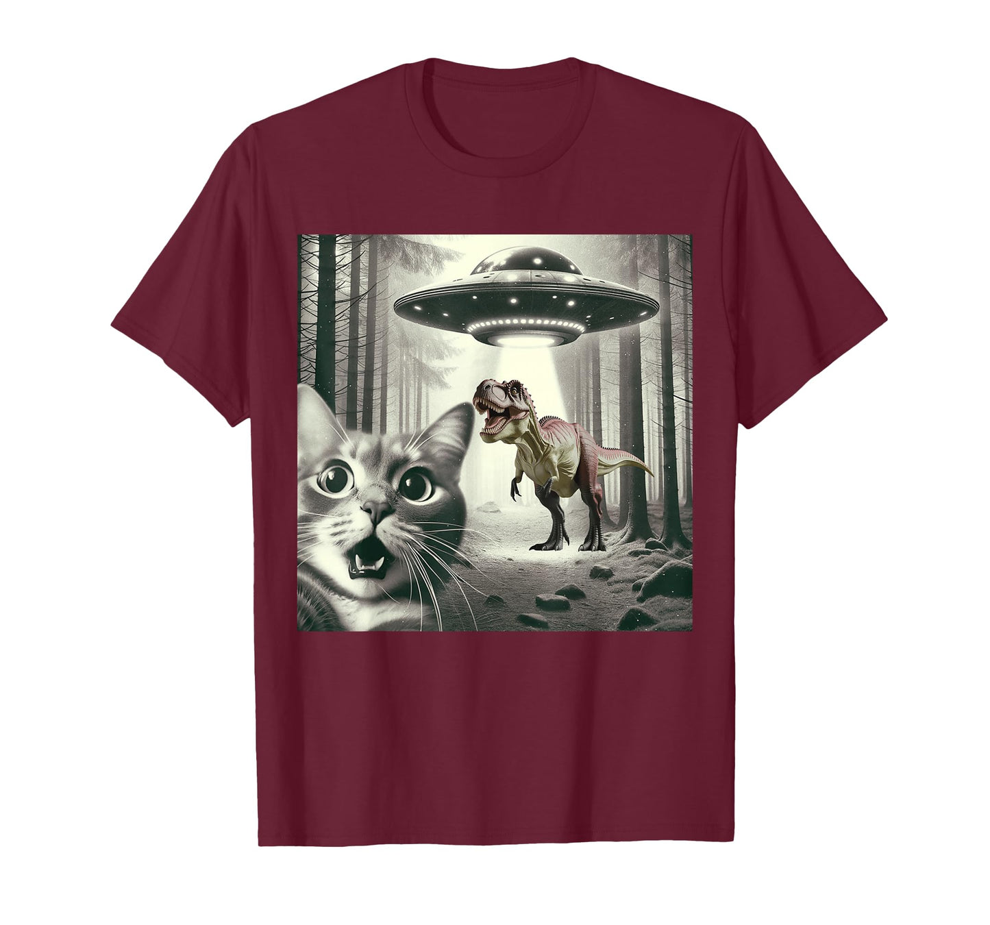 Funny Cat Selfie with Alien UFO and T-Rex Dinosaur Graphic T-Shirt