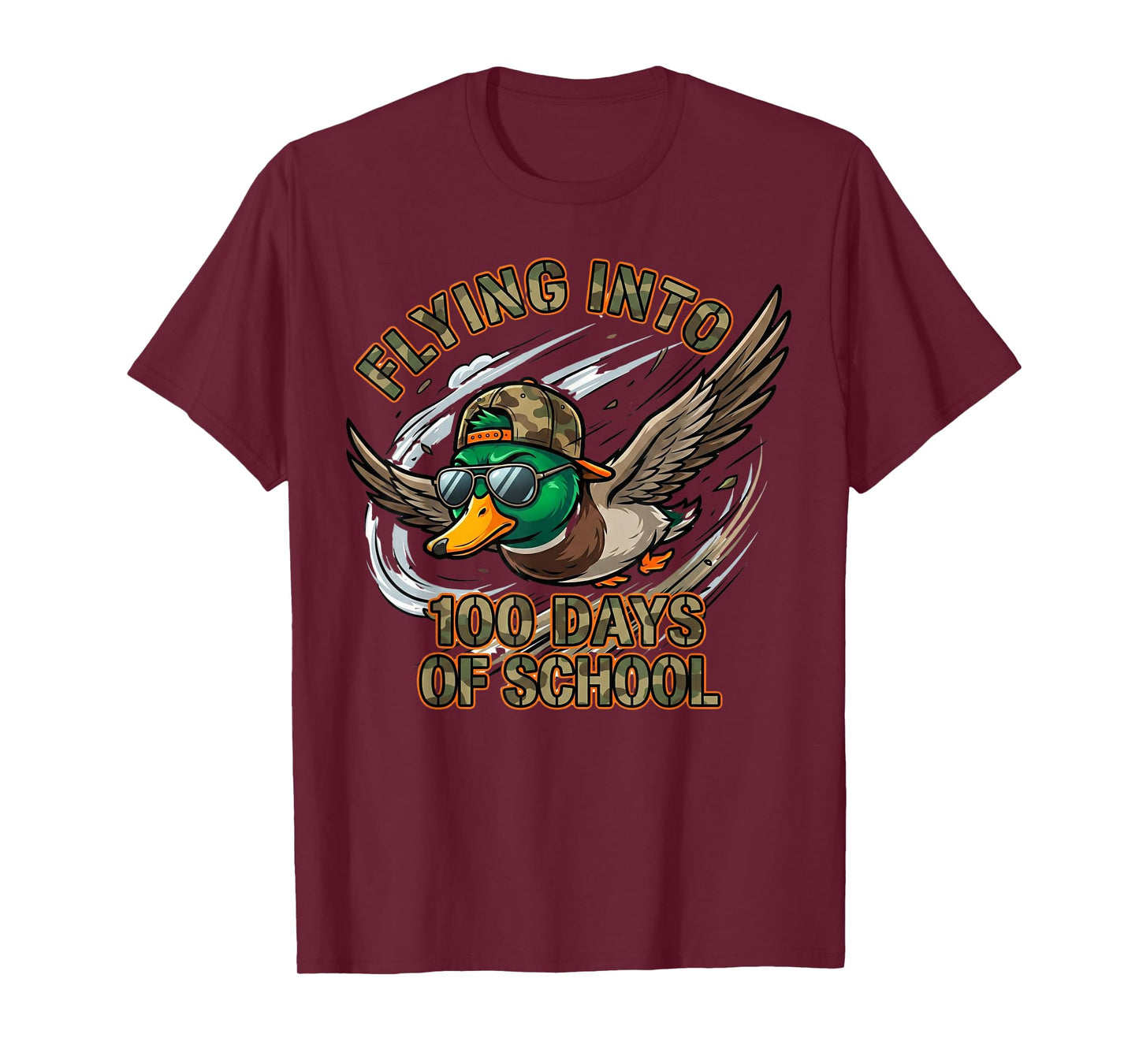 Flying Into 100 Days of School Camo Duck Hunting Boys T-Shirt