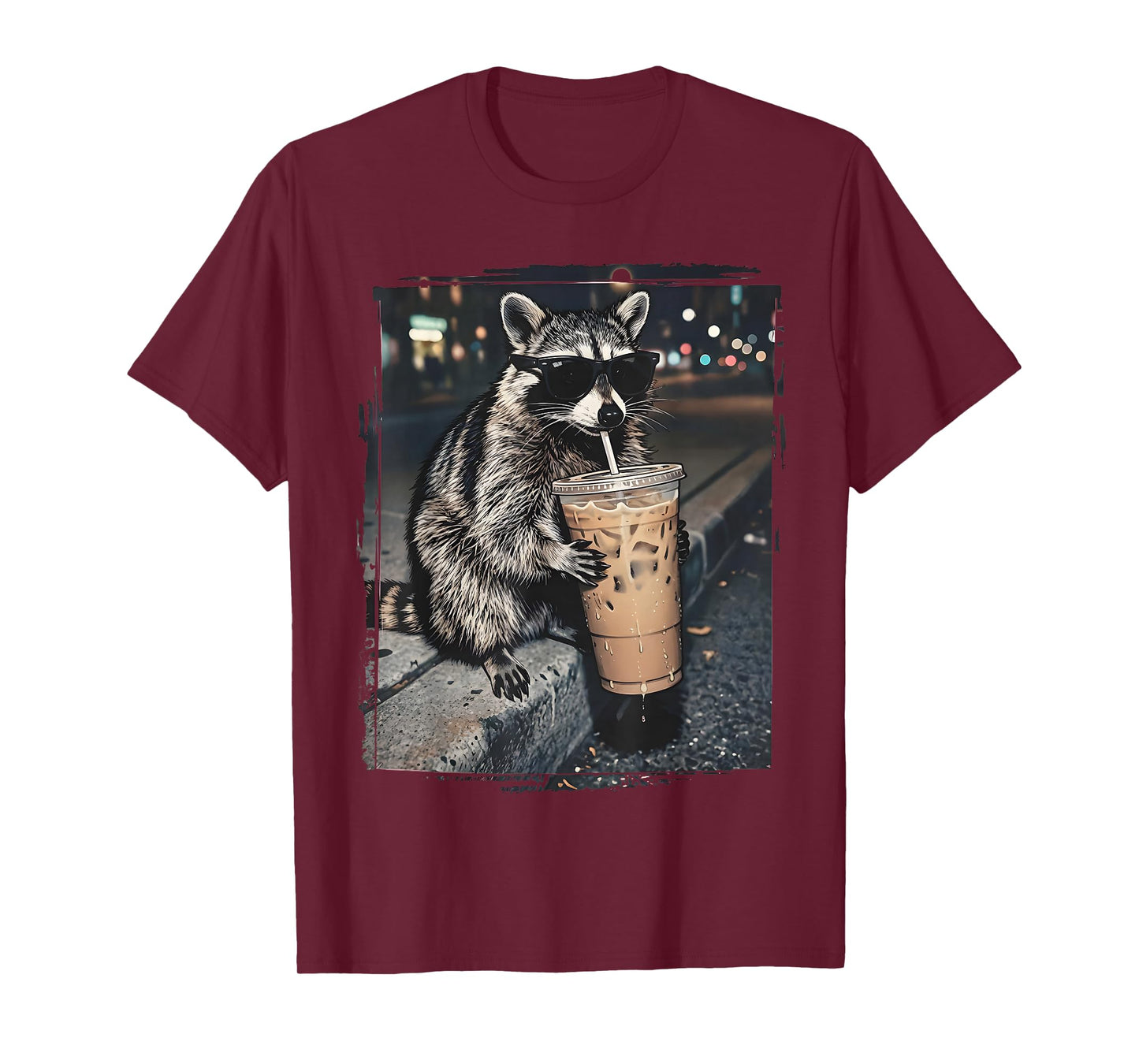 Raccoon Drinking Iced Coffee Funny Animal Meme Men Women T-Shirt