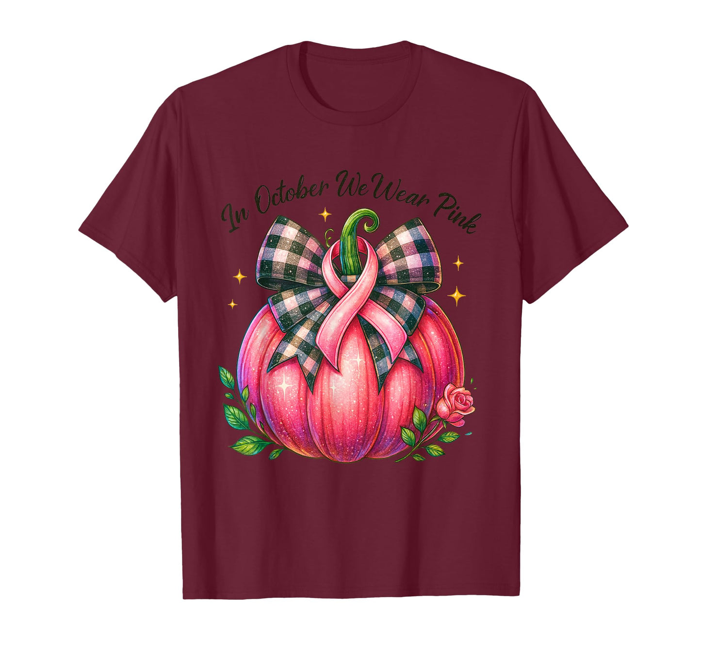 Bow Tie Pumpkin in October We Wear Pink Ribbon Breast Cancer T-Shirt