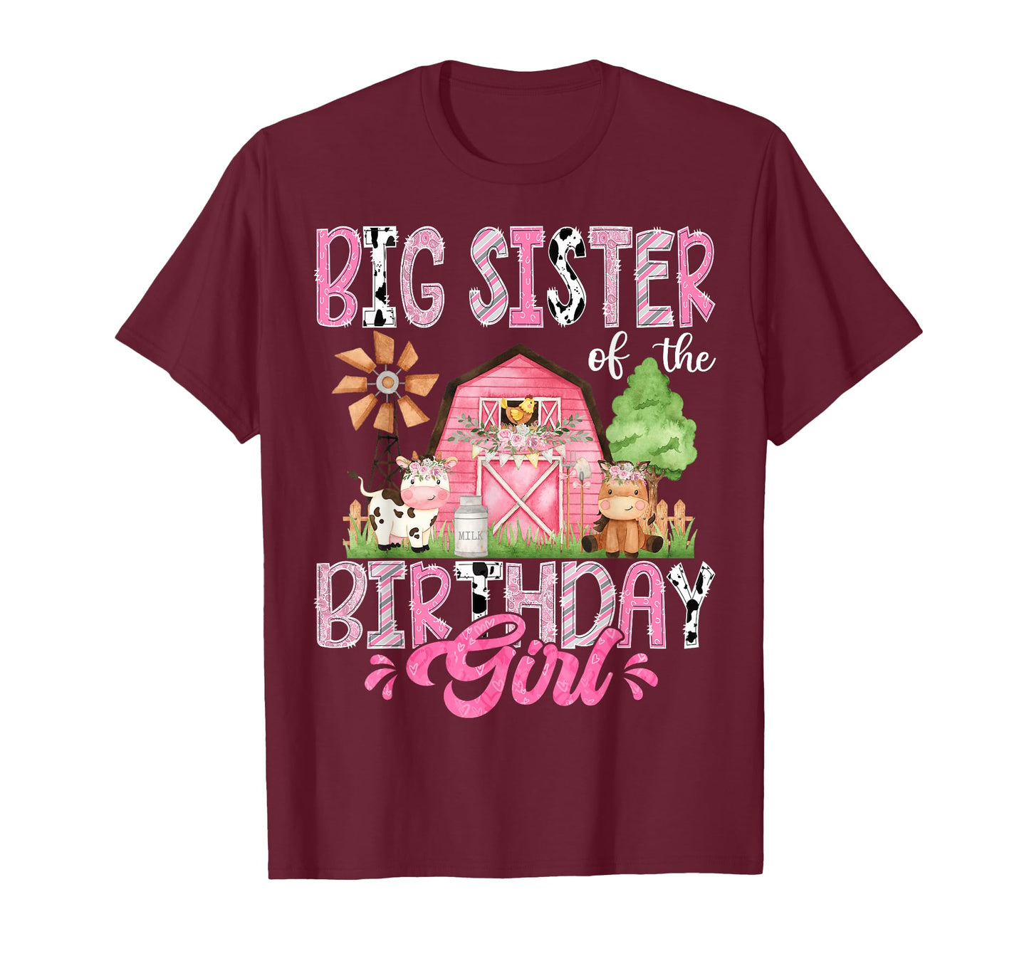 Big Sister Of The Birthday Girl 1St Birthday Pink Cow Farm T-Shirt