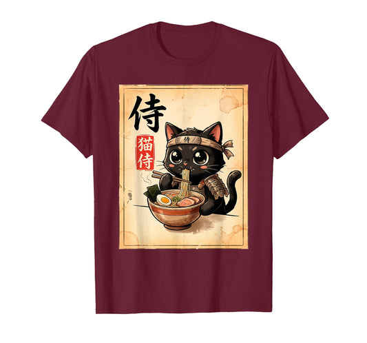 Samurai Black Cat Eating Ramen Japanese Manga Style T-Shirt