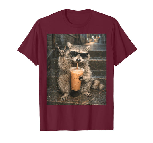 Raccoon Drinking Iced Coffee Meme Funny Animal for Men Women T-Shirt
