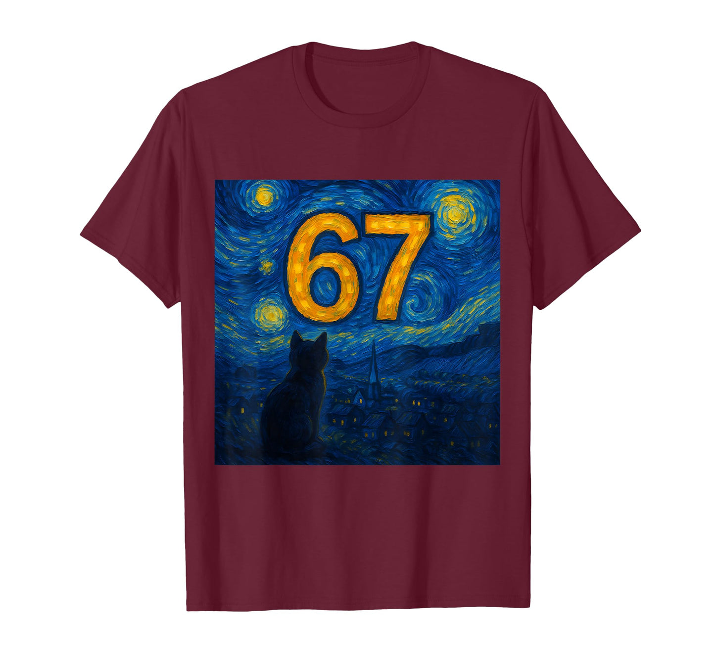 67 Meme Six Seven Cat Starry Funny Night Van Gogh Cat Lover T-Shirt
