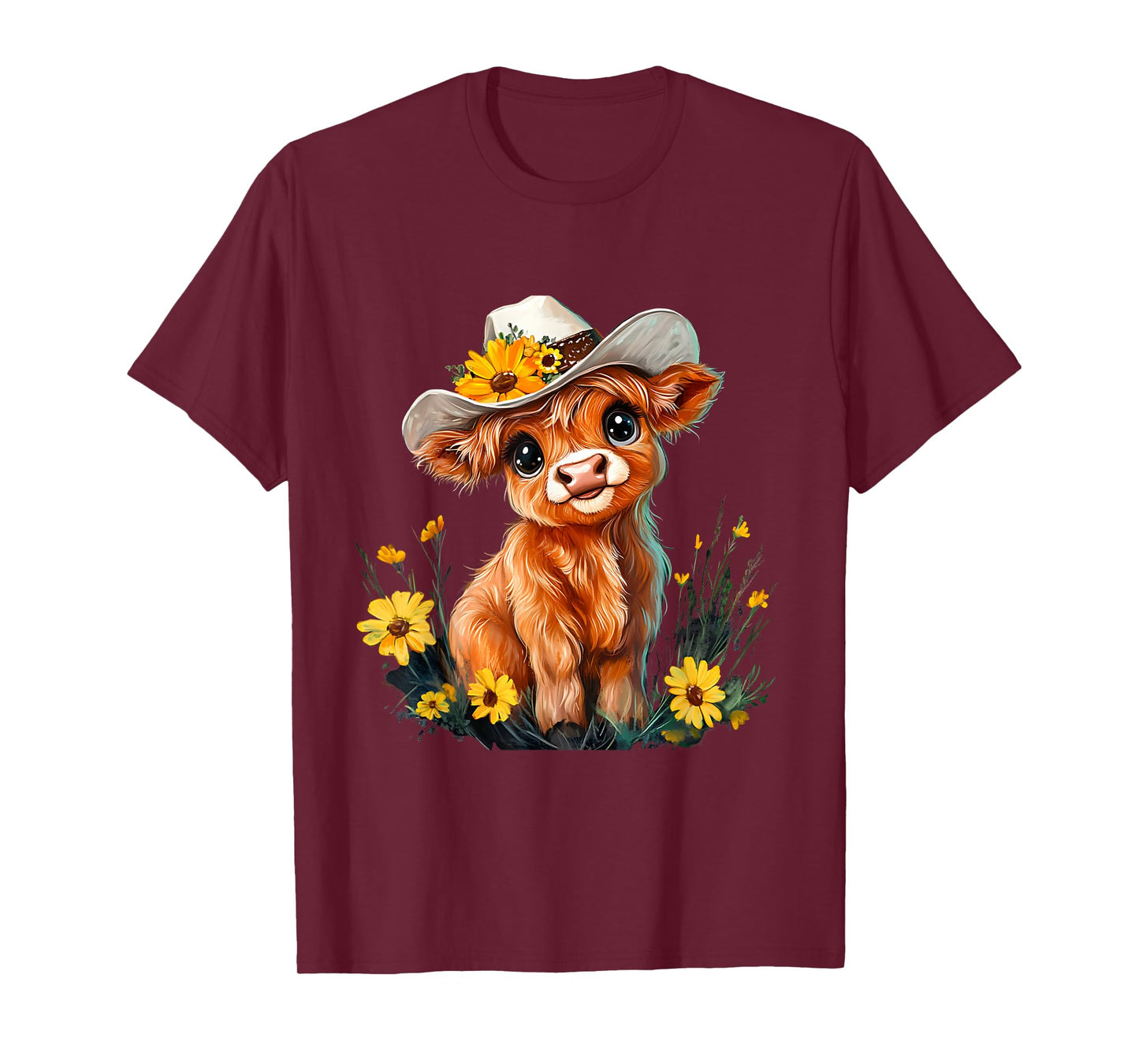Cute Highland Cow Scottish Hairy Cattle Floral T-Shirt