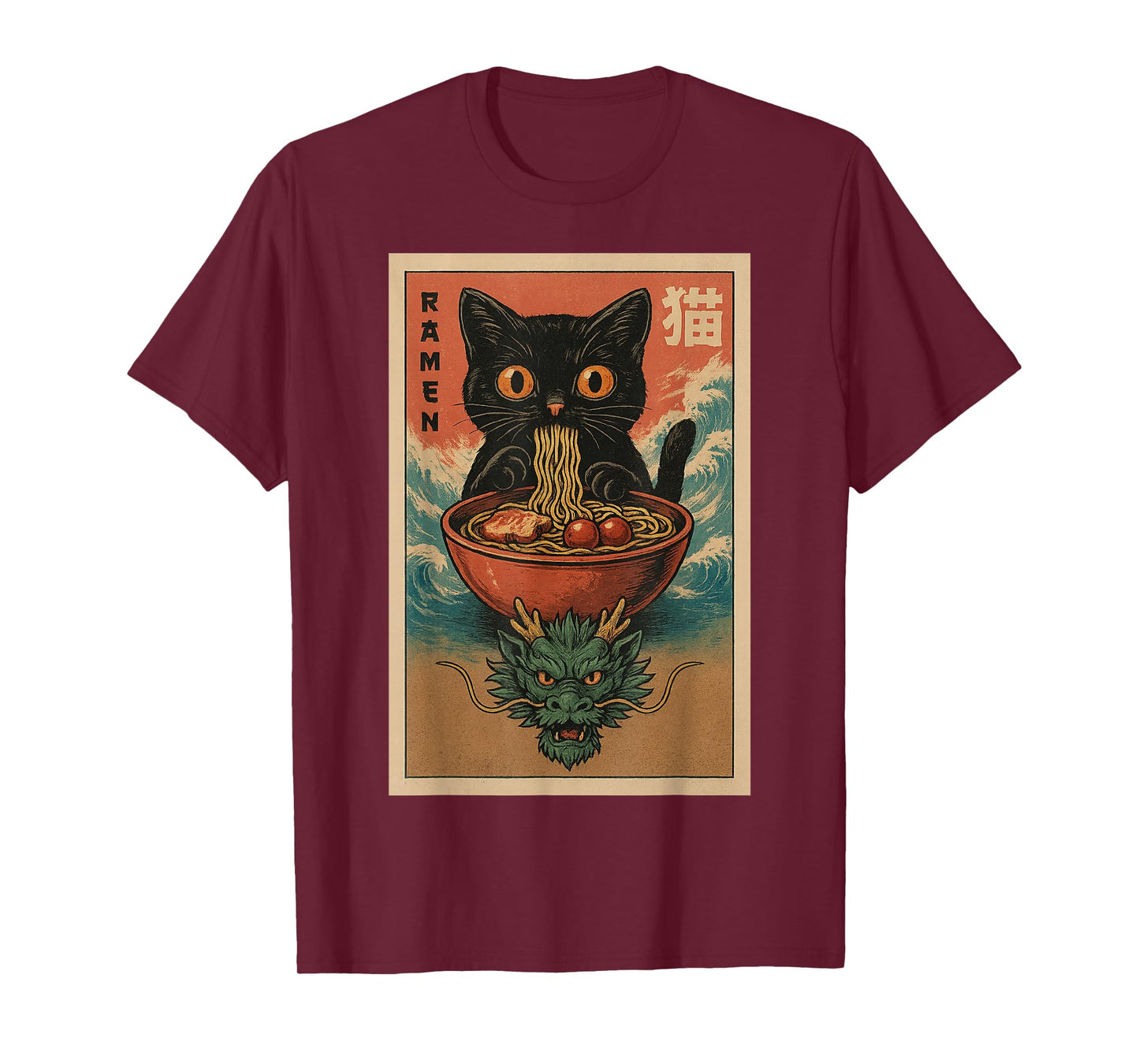 Anime Cat Ramen Japanese Funny Art Kawaii Cat and Dragon T-Shirt