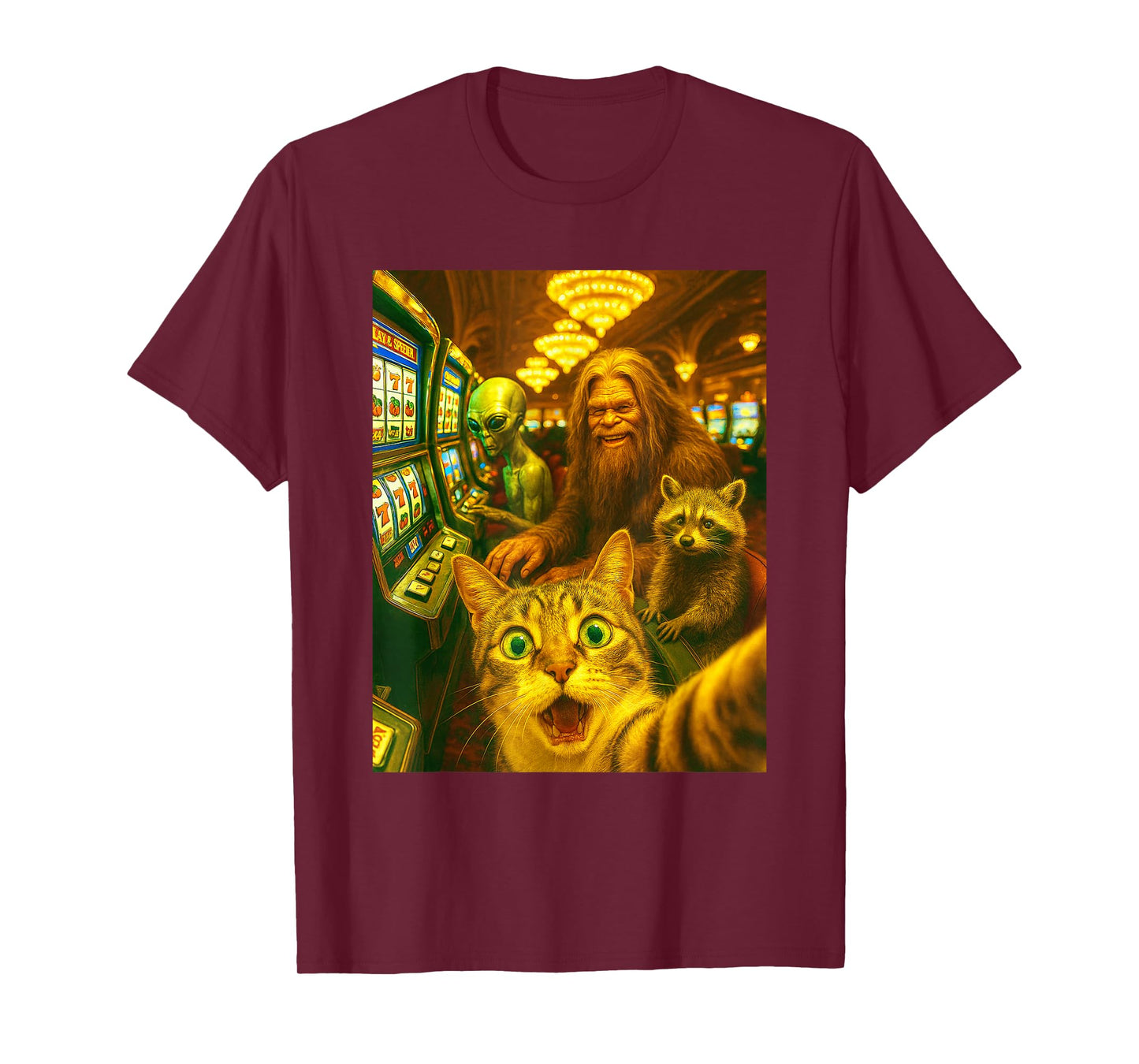 Cat Alien Bigfoot Casino Slot Machine Selfie Funny Gambling T-Shirt