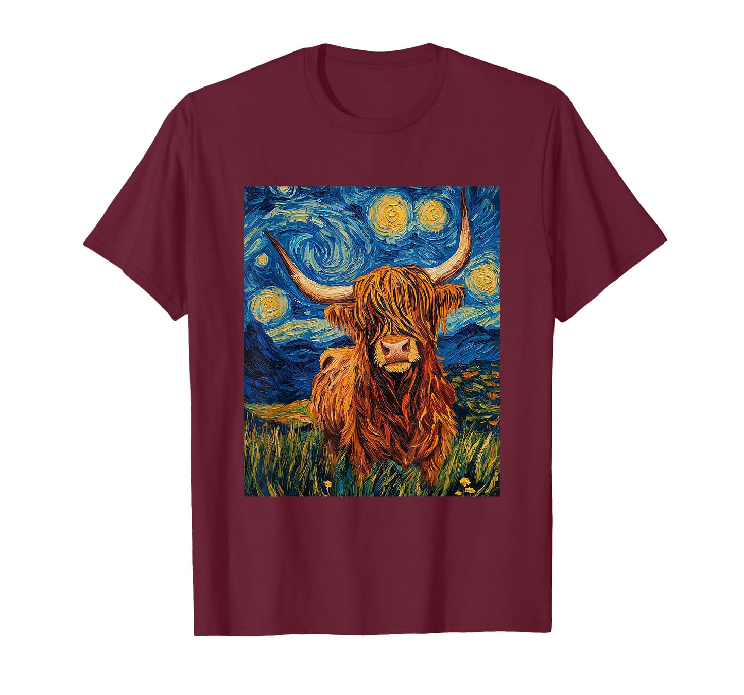 Funny Highland Cow Graphic - Van Gogh Style - Starry Night T-Shirt