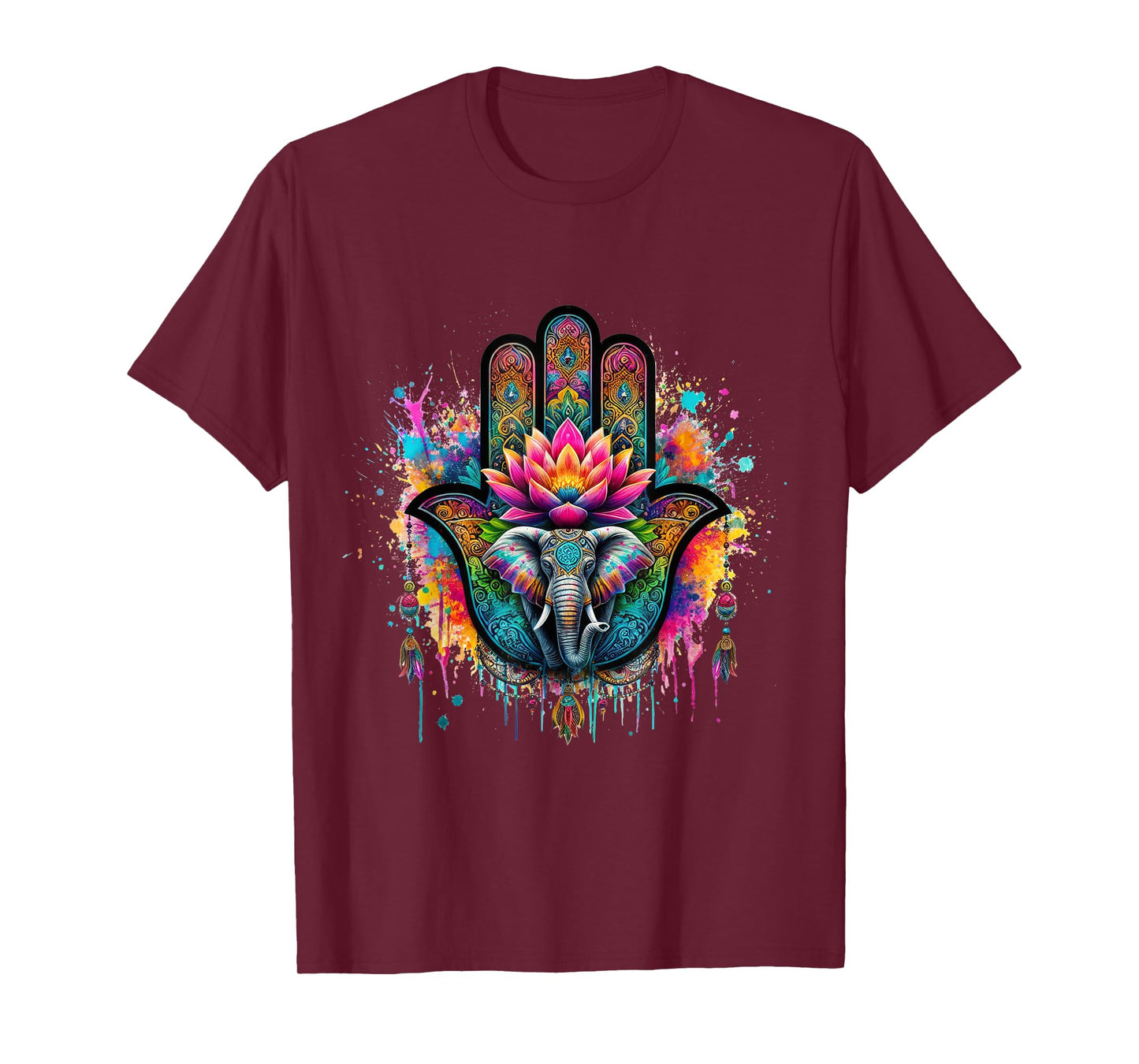 Beautiful Hamsa Hand Colorful Art with Elephant and Lotus T-Shirt