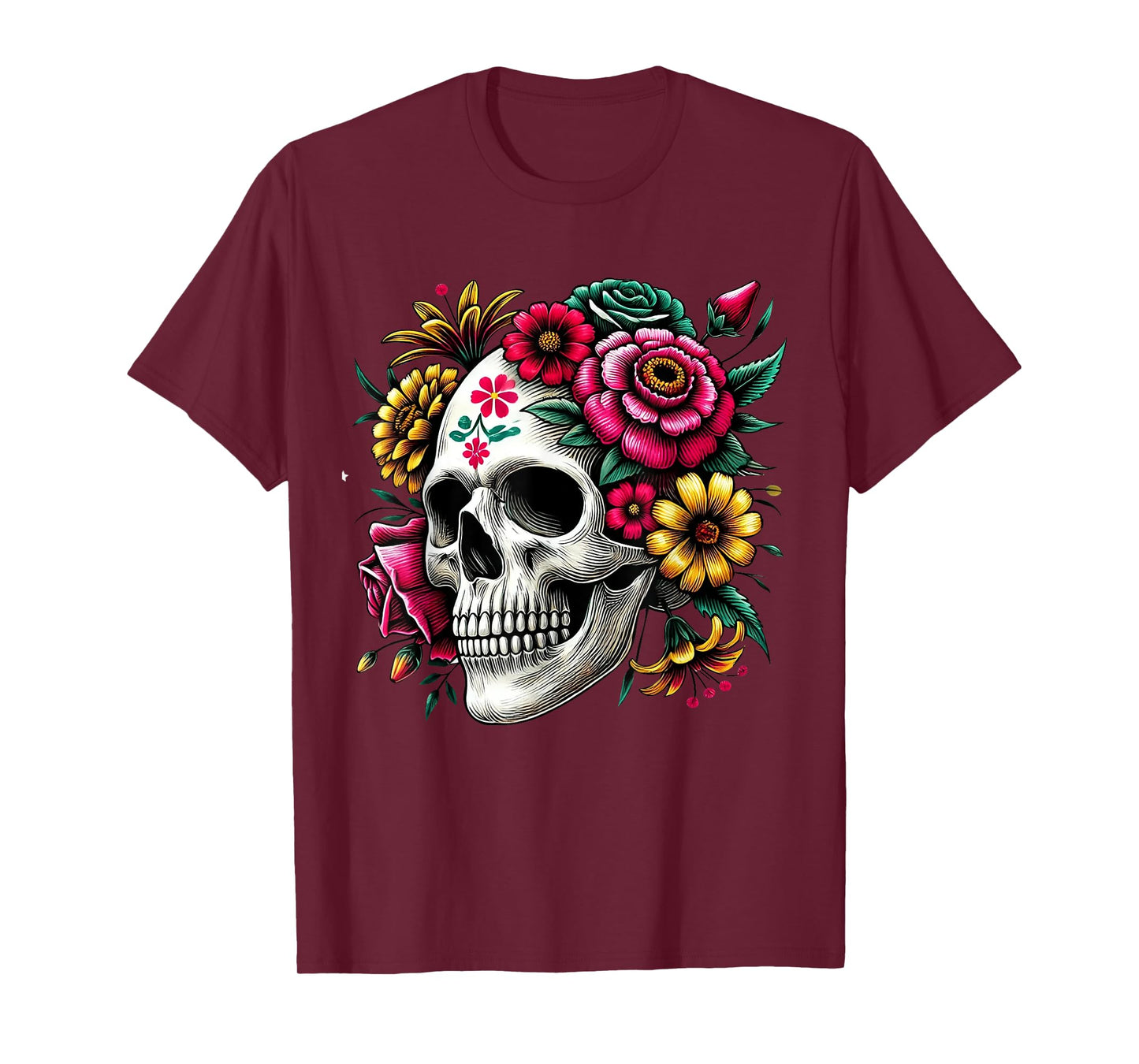 Floral Skull Flowers Dia De Los Muertos Mexico Sugar Skull T-Shirt