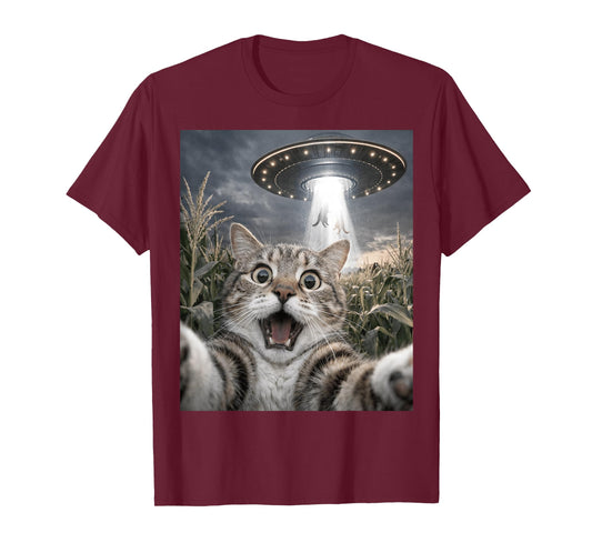 Funny Cat Selfie UFO Alien Animal Meme for Men Women Kids T-Shirt