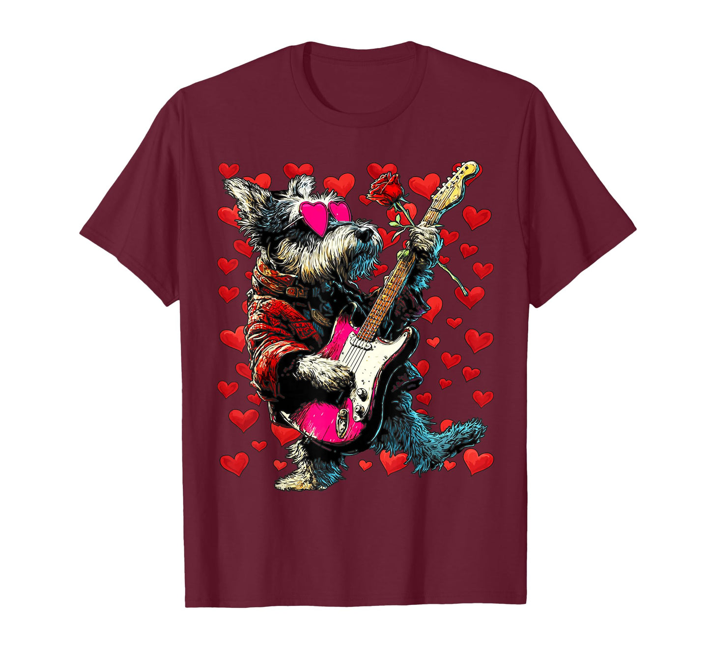 Cute Schnauzer Playing Guitar Guitarist Dog Valentine’s Day T-Shirt