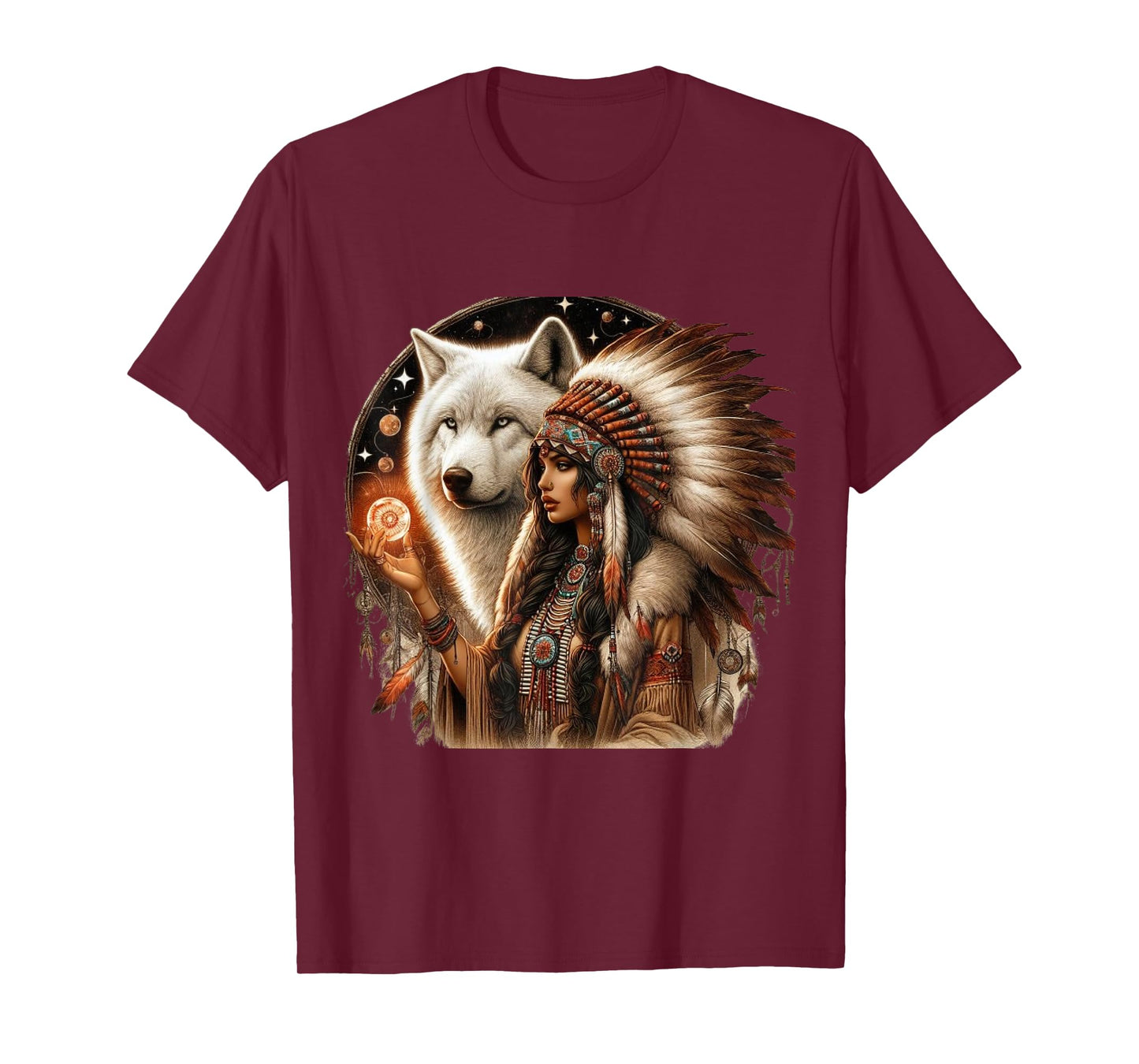 Indian Native American Woman With White Wolf Vitage Gifts T-Shirt