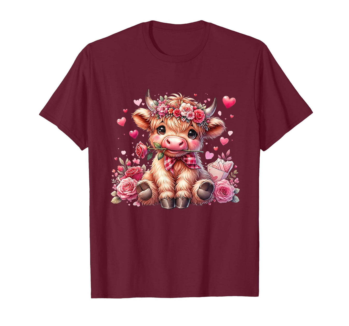 Valentine Highland Cow Print Cute Love Heart Flowers T-Shirt