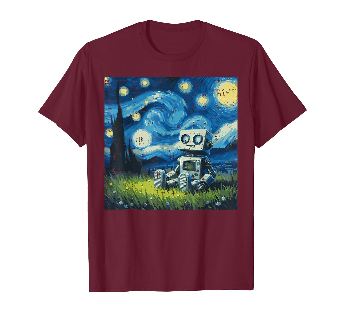 Starry Night Robot Funny Painting Art Meme Kids Men Women T-Shirt