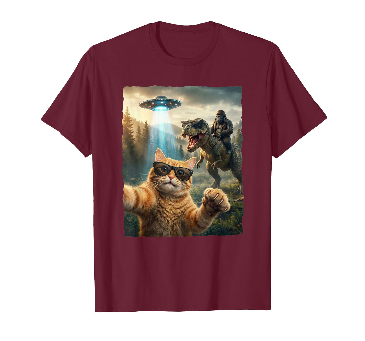 Funny Cat T-Rex Bigfoot Design UFO Selfie T-Shirt