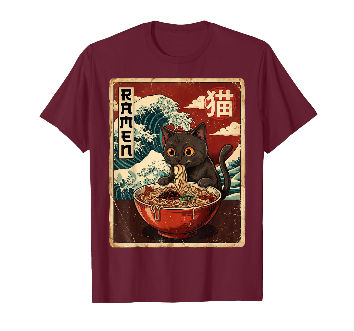 Funny Graphic Vintage Cat Ramen Japanese Ukiyo-e Woodblock T-Shirt