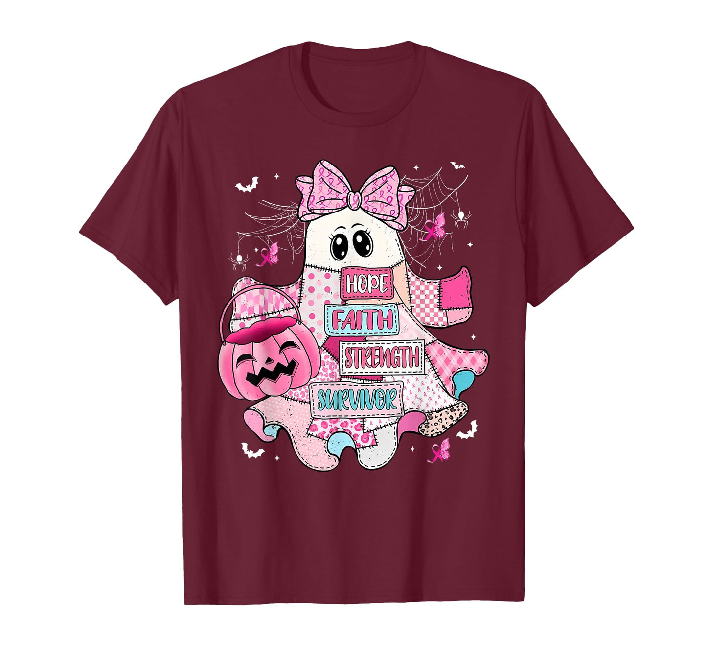 Breast Cancer Ghost Bow Hope Faith Strength Halloween T-Shirt