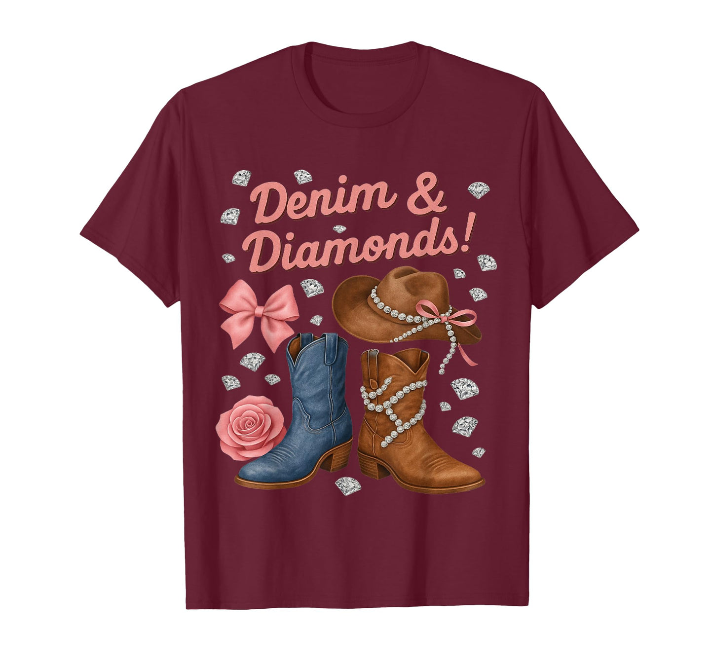 Denim and Diamonds Western Cowgirl Boots Hat for Women Girls T-Shirt