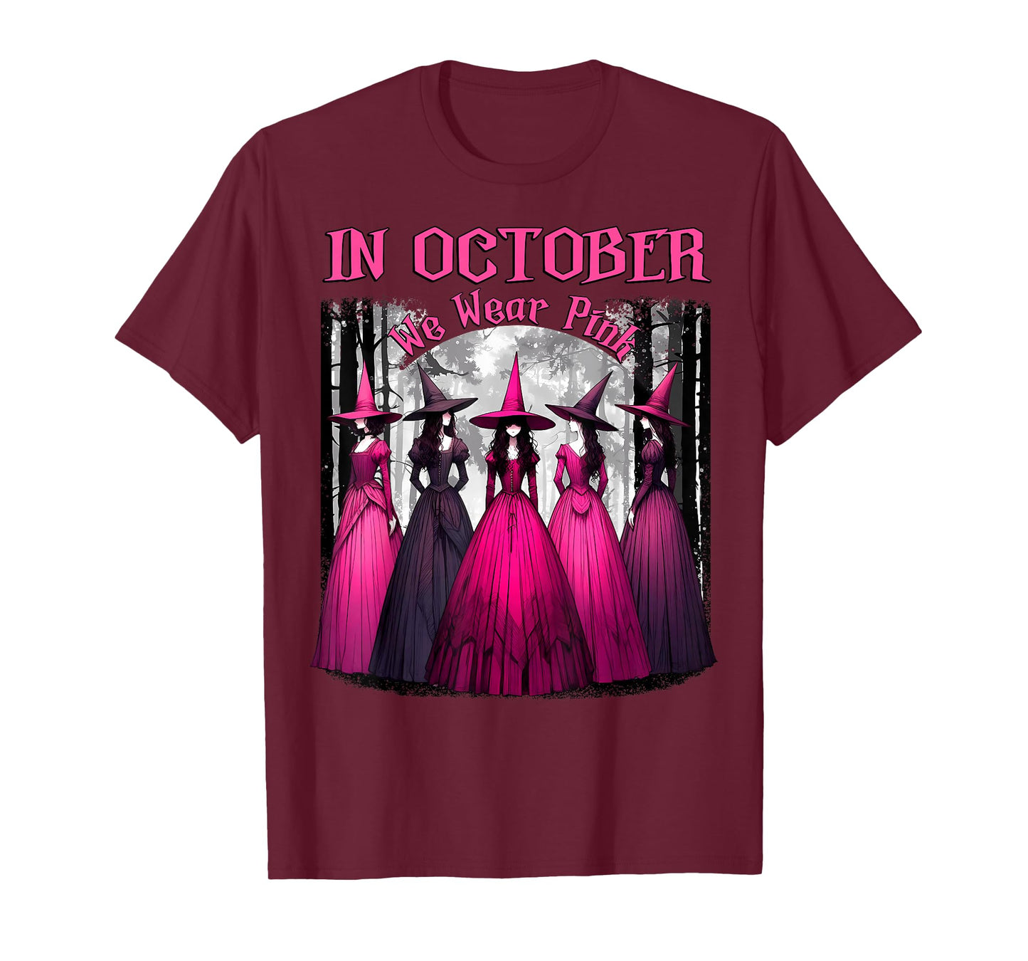 in October We Wear Pink Spooky Witch Halloween Breast Cancer T-Shirt