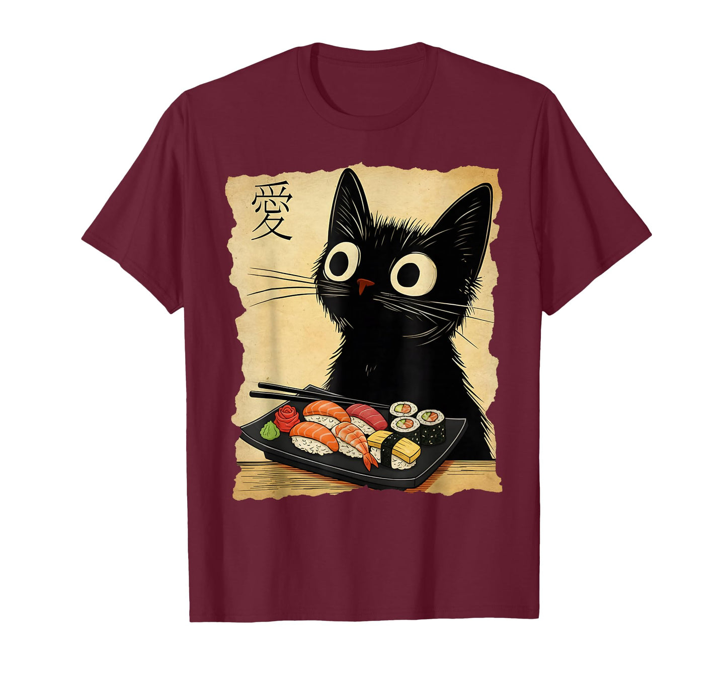 Retro Japanese Cat Sushi Cute Black Funny Kawaii Cat Anime T-Shirt