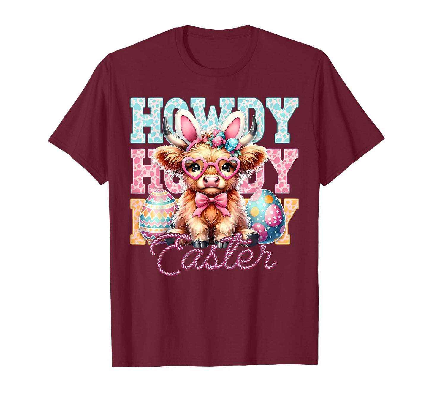 Cute Highland Cow Howdy Easter Coquette Bow Bunny Ears T-Shirt