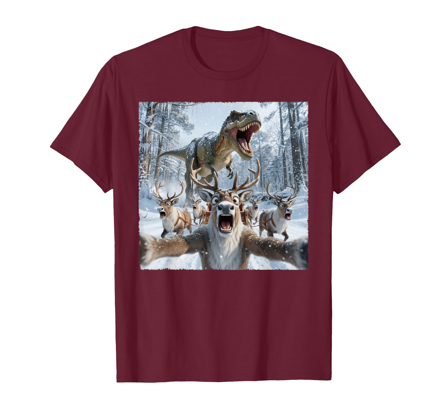 Funny Reindeer Selfie with T-Rex Dinosaur Christmas T-Shirt