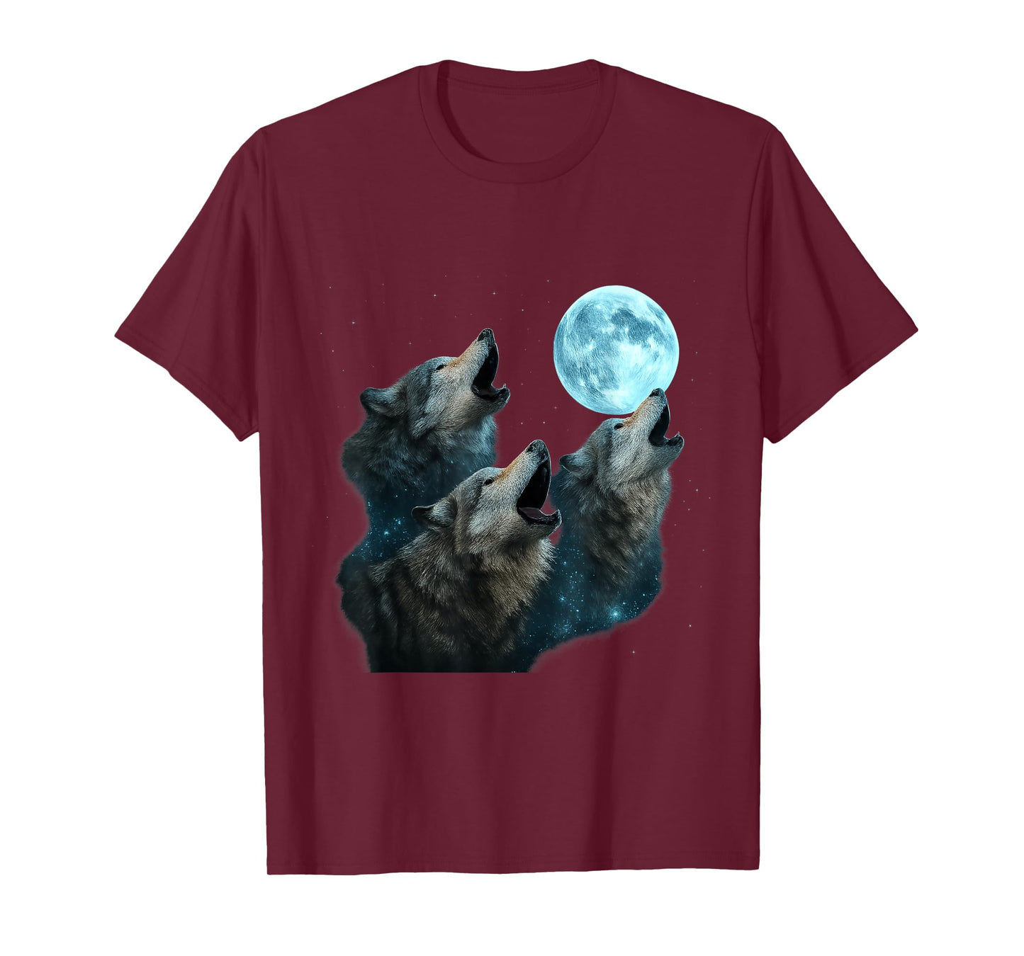 Three Wolves Howling at Cyan Moon Night Mystic Glow T-Shirt