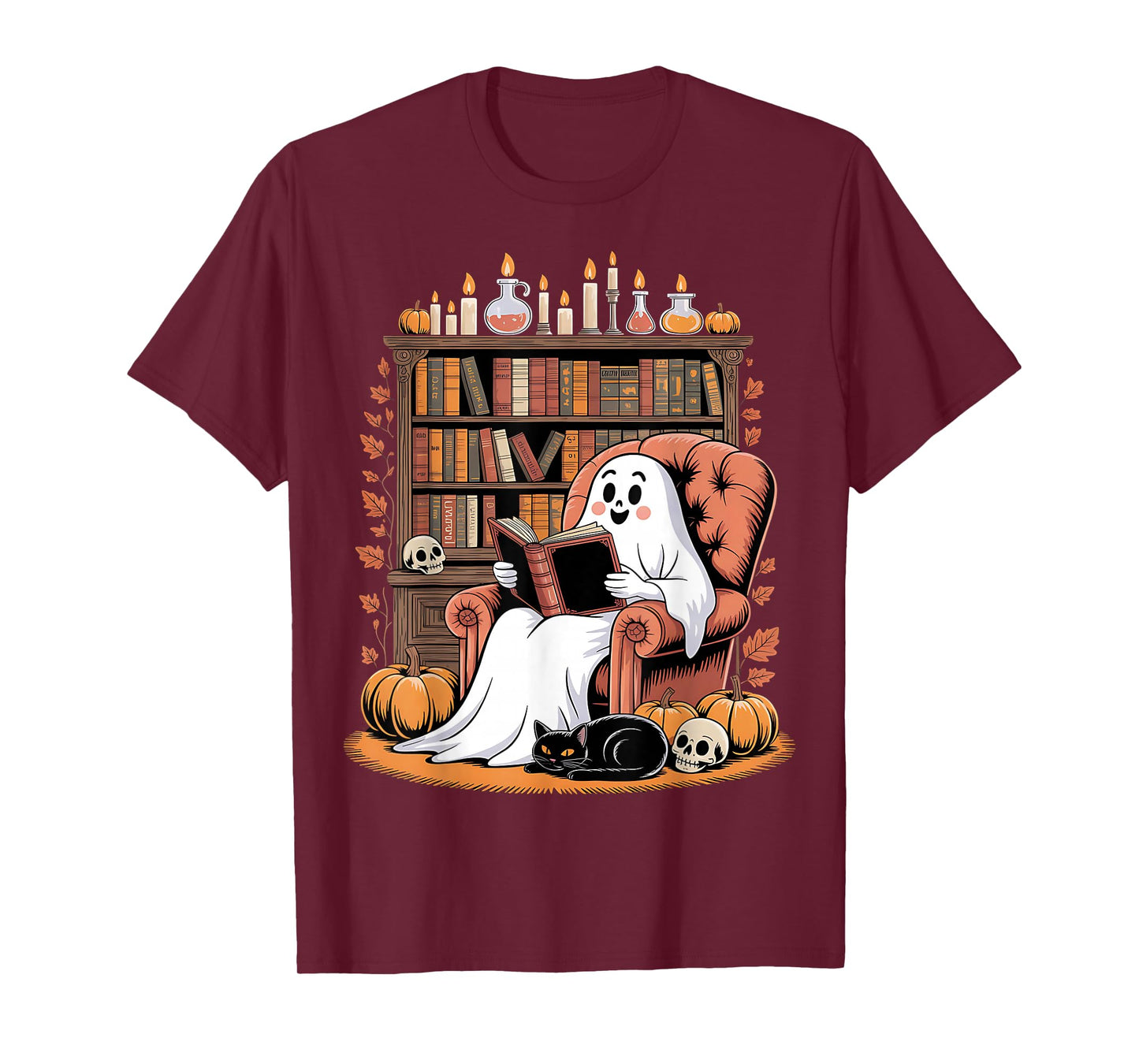 Retro Ghost Reading Books cat, Librarian Ghost Halloween T-Shirt